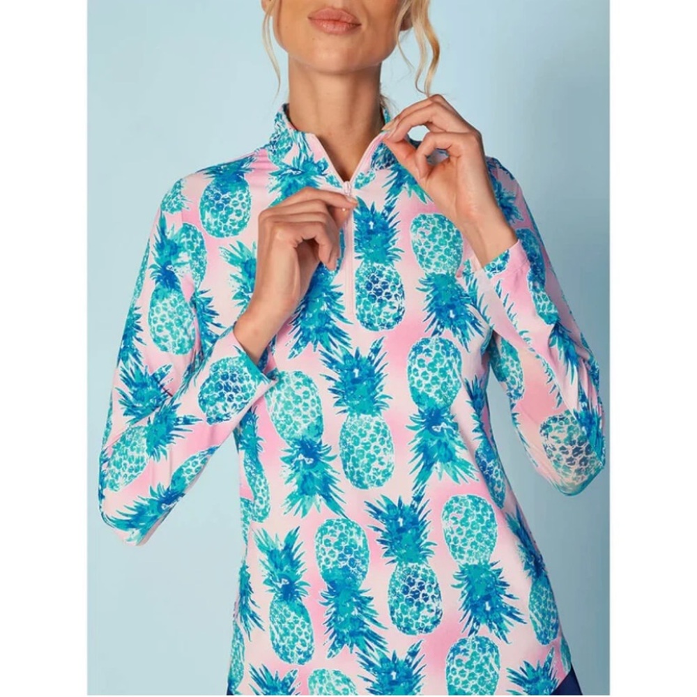 G Lifestyle Long Sleeve Golf Shirt Ananas Pineapple Mock Neck Top